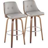 Gianna Swivel Bar Stool in Walnut Wood & Light Grey Leatherette with Chrome Footrest (Set of 2)